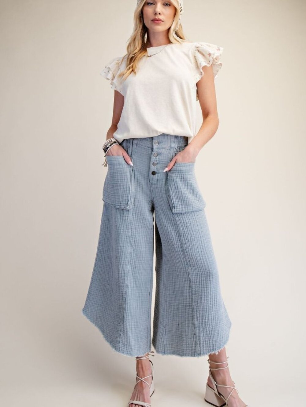 EASEL WASHED COTTON GAUZE PALAZZO PANTS 100% COTTON